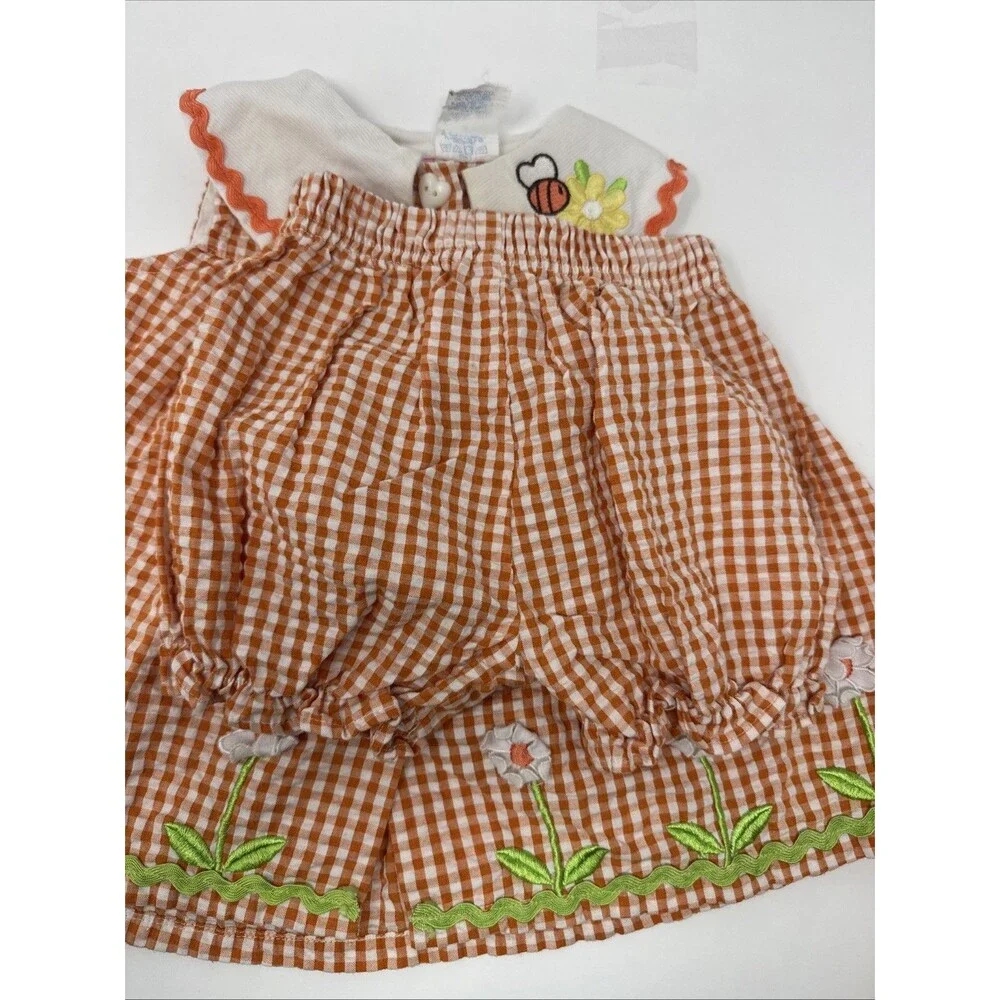 Vintage Cradle Togs Baby Girl Orange Gingham Dress Flower Bee Outfit w/ hat 12M